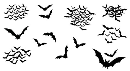 Fototapeta premium Halloween bat silhouettes set, black flying bats flock vector, spooky nocturnal animal icons for party decor and graphic design