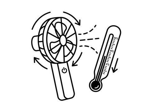 Handheld fan cooling down a thermometer illustration