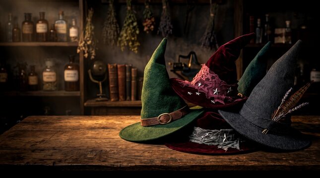 Ornate pointed witch hats rest on a rustic wooden table inside a dark magical apothecary shop filled with mystical herbs and potions