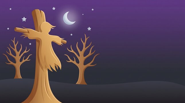 Scarecrow standing in moonlit field at night