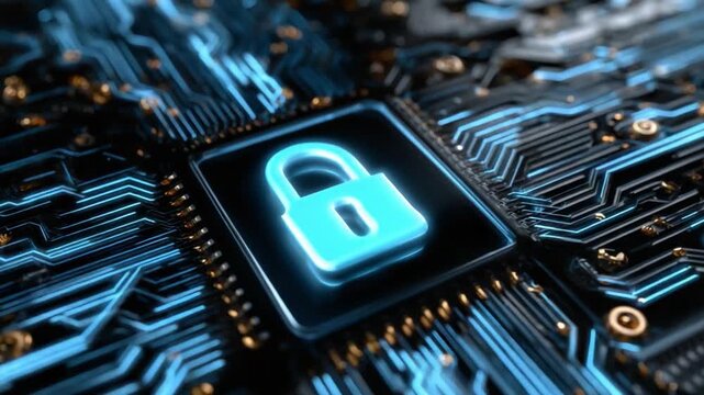 Cybersecurity and Digital Security: A padlock icon glowing on a computer processor, symbolizing digital security and data protection in a network environment.