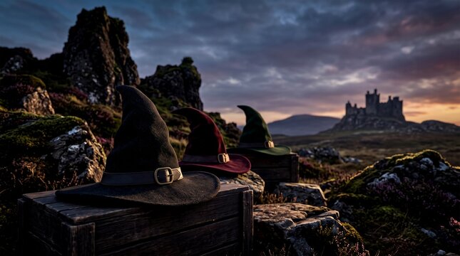 Pointed magic hats resting on rustic wooden boxes within a cinematic misty highland landscape featuring a distant gothic castle at sunset