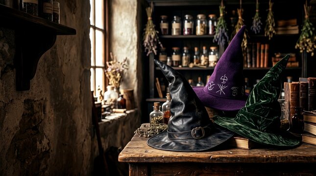 Three mystical leather and velvet sorcerer hats on rustic wooden table inside moody medieval apothecary workshop with jars and herbs