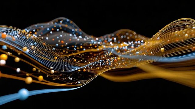 Abstract Data Flow: A mesmerizing visualization of data streams, with luminous particles and undulating lines flowing in a dark, abstract space.