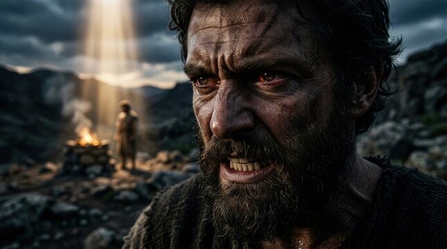 Primeval brother feud: Cain rage, Abel offering, religious dispute, divine acceptance, ancient Bible, human jealousy, spiritual rejection, primal belief.