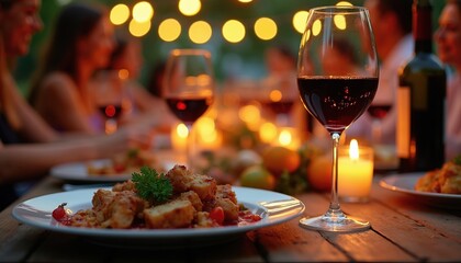 Fototapeta premium Friends enjoy red wine, dinner at outdoor party. People sit at wooden table with delicious food, glasses under warm evening string lights. Happy group talk during social gathering together in