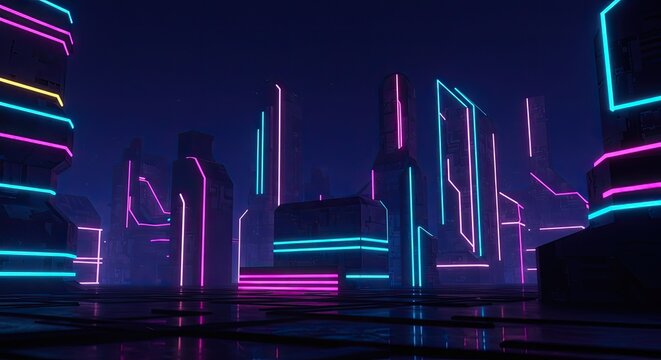 Abstract neon light tunnel with glowing geometric shapes and vibrant colors.
