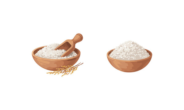 Wooden bowls of rice with traditional scoop and grains isolated on white background food ingredient illustration design