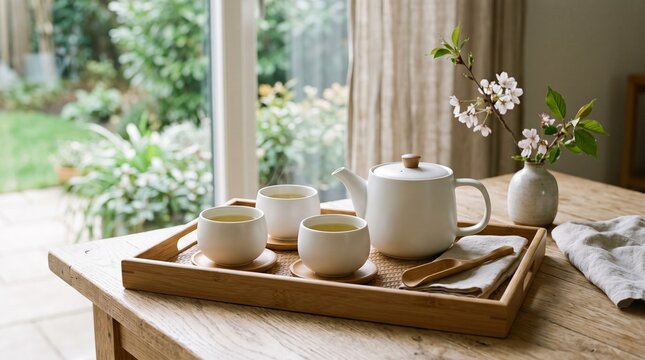 Traditional Japanese matcha tea ceremony set with a teapot and cups by a window