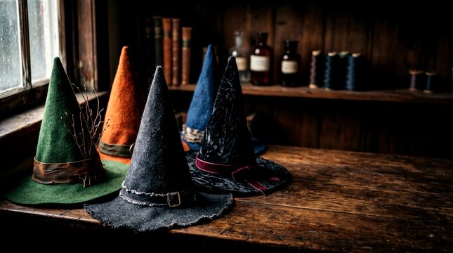 Colorful handmade felt wizard and witch hats arranged on dark rustic wooden workbench inside vintage apothecary shop with moody lighting