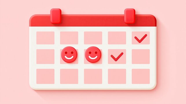 3d monthly calendar icon with two red smiling happy faces and two marked checked days on soft solid pink background representing good mental health and work life balance