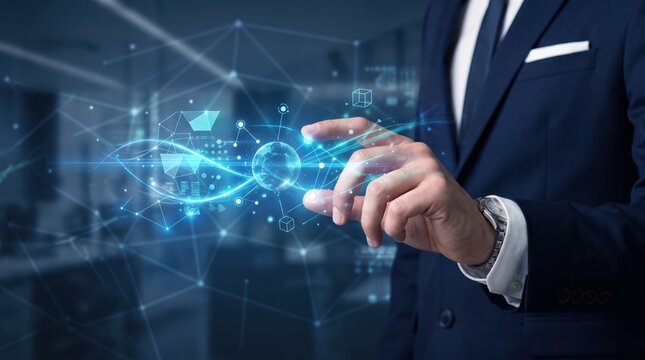 Business professional in suit interacting with futuristic holographic interface displaying data network and globe, symbolizing advanced technology, digital transformation
