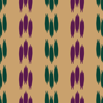 Ikat graphic pattern repeating pattern from tie dyeing the yarn deep purple and deep green indigenous ikat weaving on an earth tone background.