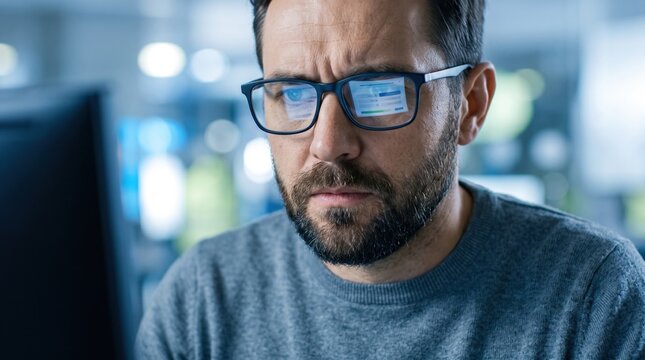 Focused man taking an online test on his computer screen