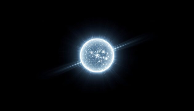 Blindingly bright sphere of pure diamond-white and pale blue light glowing with gravitational energy. Ghostly magnetic field lines around a tight corona against a cold black void