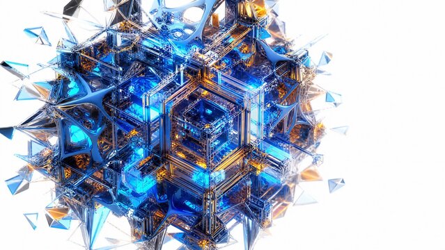 Multi-layered tesseract consisting of geometric frames and gyroid shapes. Laser-cyan and amber light streams through channels, dissolving into a solid white background