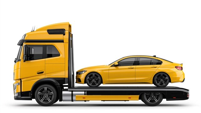 Bright yellow flatbed tow truck carrying matching bright yellow modern passenger sedan car shown in side view against plain solid white background car towing and transport service