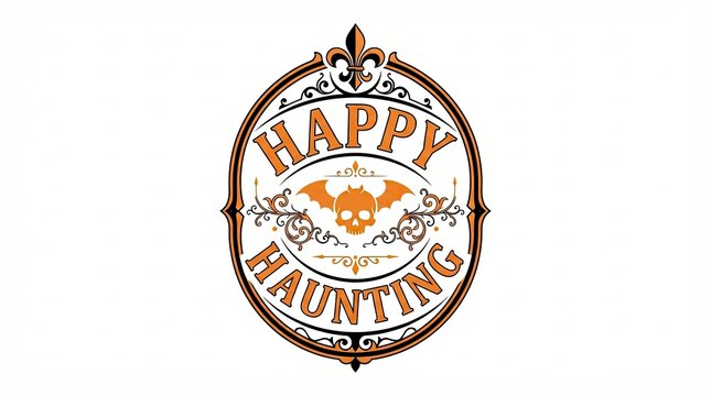 Happy haunting vintage halloween label with skull and decorative frame