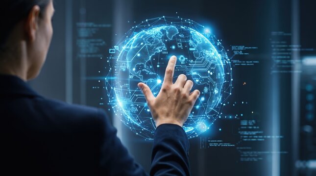 Businessman interacting with futuristic holographic globe interface, digital network with glowing connections and data visualization on transparent screen representing global