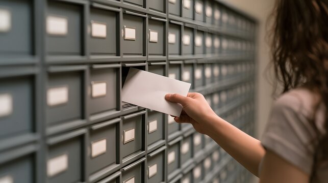 Person taking a letter from apartment mailbox.