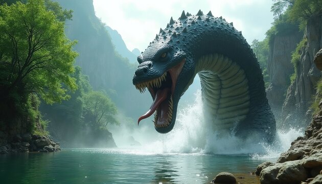 Giant dark snake monster emerges from river water. Dangerous dragon with sharp teeth roars in misty canyon mountain lake. Large serpent reptile splashes waves, hunts in wild nature. Scary prehistoric