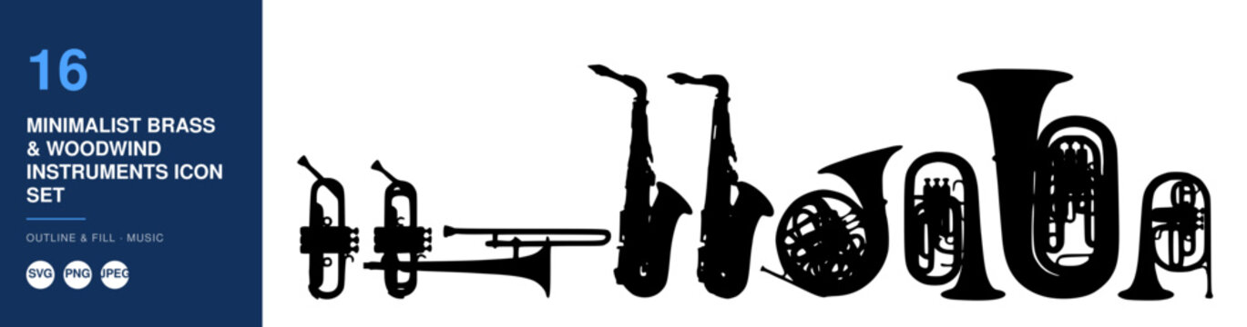 Minimalist Brass and Woodwind Instruments Icon Set. Music Design Elements, Vector Illustration