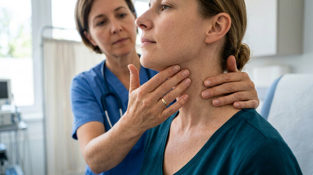 Doctor examining patient's neck for thyroid issues or swollen lymph nodes