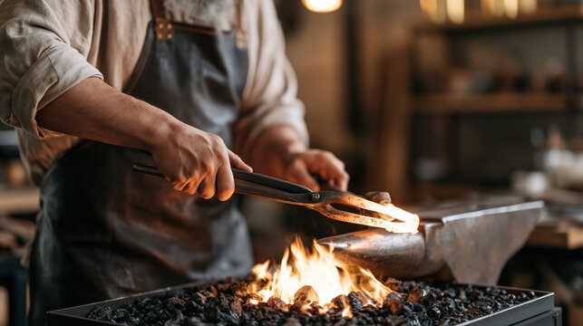 Blacksmith's glowing hands grip tongs over an open forge in warm workshop lighting, close up framing filling the frame with heat-distorted metal, coal-blackened leather apron, and