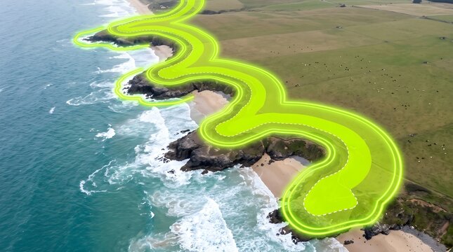 Aerial coastline analysis with GIS buffer zones mapping coastal erosion and environmental management