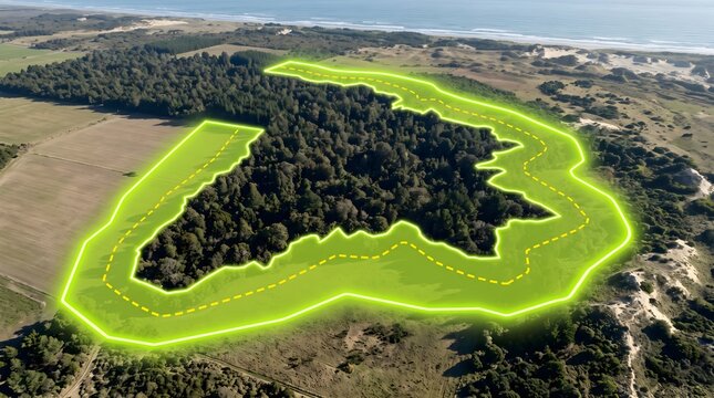 Aerial view of a forest landscape with a glowing green GIS buffer zone highlighting ecological protection or land boundaries