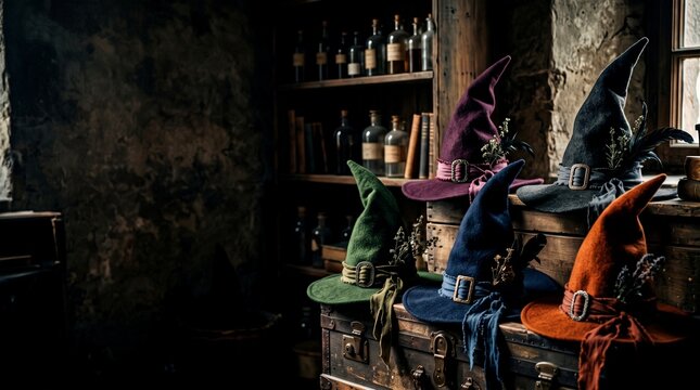 Colorful pointed witch hats with buckles and herbs rest on vintage trunks in a dark mystical apothecary shop interior