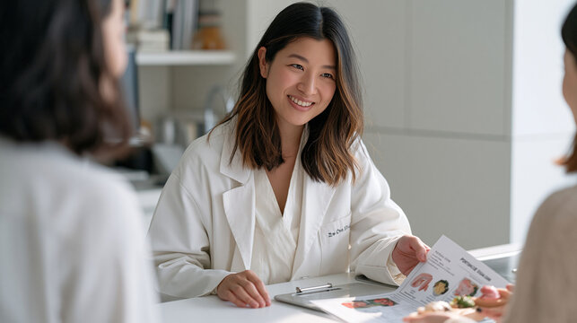dermatologist at a sterile white consultation surface seen over the shoulder presenting a laminated portion size visual guide to a patient using hand sized food models and a