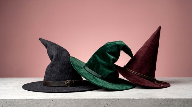 Three pointed witch hats in green burgundy and black velvet on a grey stone surface against a pink studio background for Halloween decor