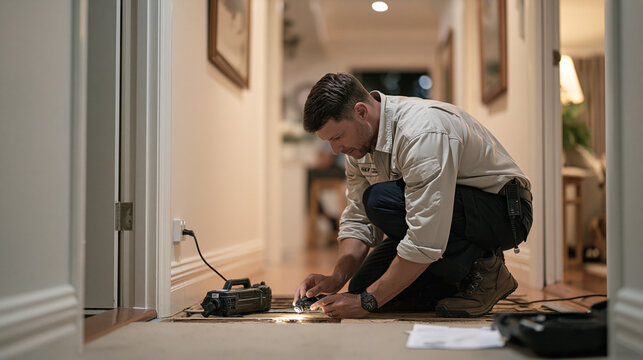 A pest inspection professional crouches in a modest family home hallway during a candid unposed moment, youth sports pressure eased by the calm methodical approach of the