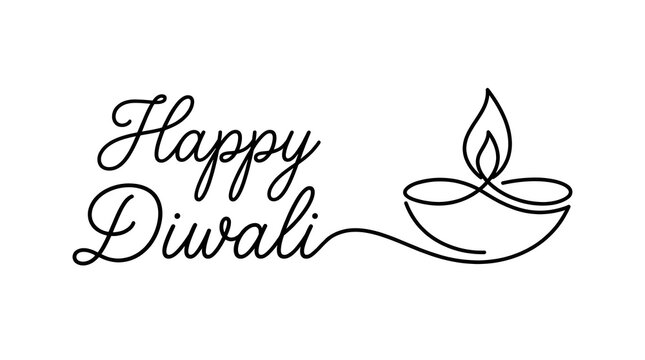 Happy diwali text with continuous line art diya lamp