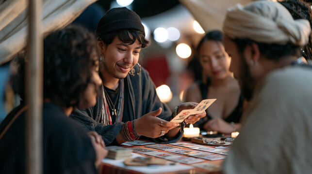 A tarot card reader at a rain-soaked street fair serves a multicultural group of curious visitors, playground friendships energy alive in the animated debate between friends over