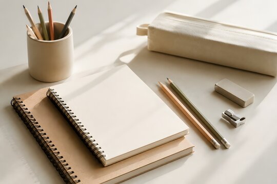 Minimal school supplies on a neutral desk in August light