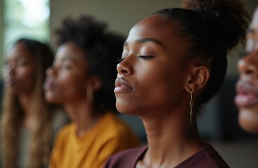 Obraz premium Young Black women meditate together. Faces show peacefulness, calm introspection, and connection. Group practices mindfulness for mental wellness and self care.