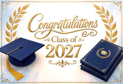 Beautiful graduation celebration design with cap books and golden text for class of
