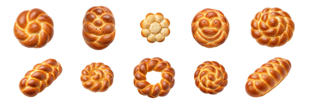 Challah braided bread collection with shapes for Shabbat bakery packaging labels menus and photorealistic cutout design