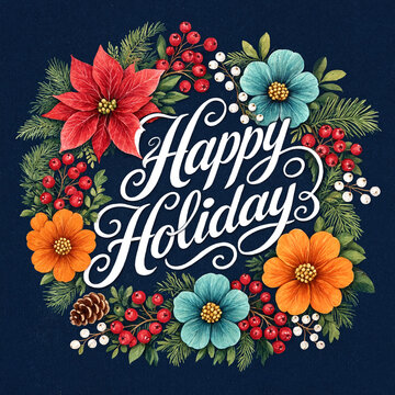 Beautiful handdrawn happy holidays wreath with flowers berries and pinecones in festive colors