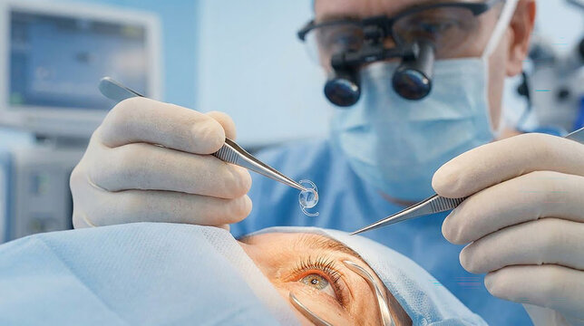 Surgeon implanting artificial intraocular lens during cataract phacoemulsification