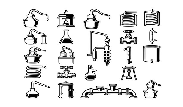 Vintage Industrial Machine and Distillation Alembic Line Icon Set for Chemical Laboratory Manufacturing Alcohol Brewery and Antique Technical Graphics
