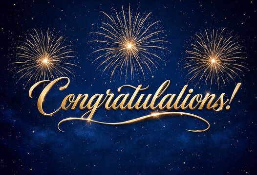 Golden congratulations text with beautiful fireworks display in dark starry sky celebration background