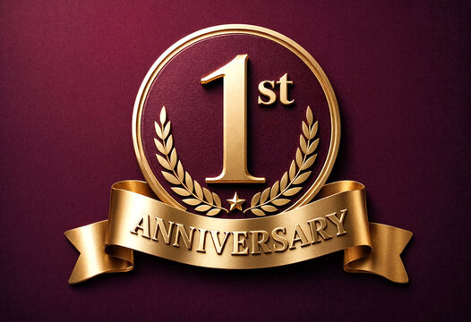 Golden first anniversary emblem with laurel wreath and decorative ribbon design concept
