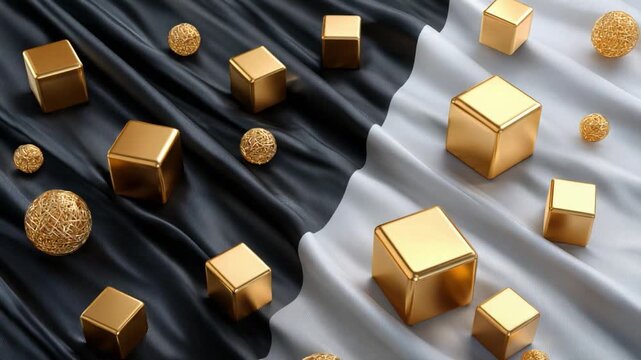 Golden Geometric Harmony: A striking arrangement of gold cubes and spheres, elegantly placed on a contrasting black and white flowing fabric.
