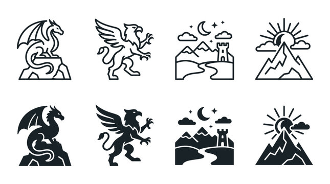 Fantasy and medieval mythology outline and glyph icons set including dragon griffin castle mountains with medieval