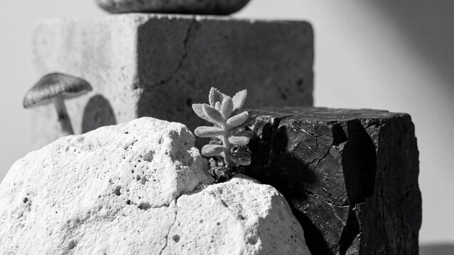 Succulent plant growing between stacked stone blocks next to a small mushroom in a monochrome minimalist composition setup.