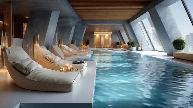 Luxury Spa Retreat: An opulent spa features a serene indoor swimming pool surrounded by plush lounge chairs, creating an atmosphere of ultimate relaxation and rejuvenation.