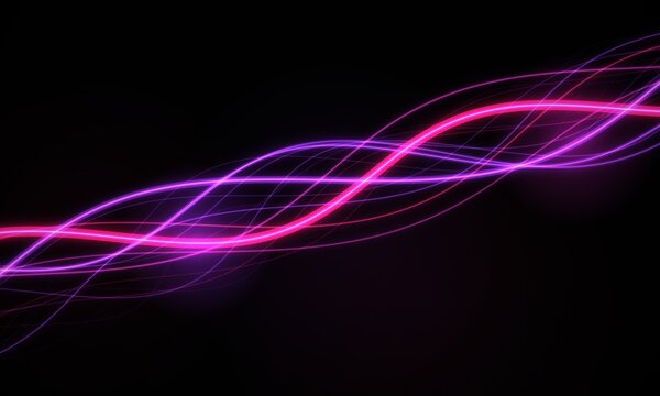 Abstract neon light trails on black background, glowing purple and pink wave lines, futuristic energy motion wallpaper.